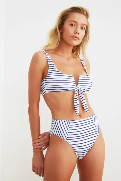 Trendyol Navy Blue Striped High Waist Bikini Bottoms