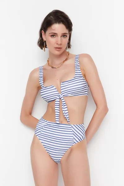 Trendyol Navy Blue Striped High Waist Bikini Bottoms