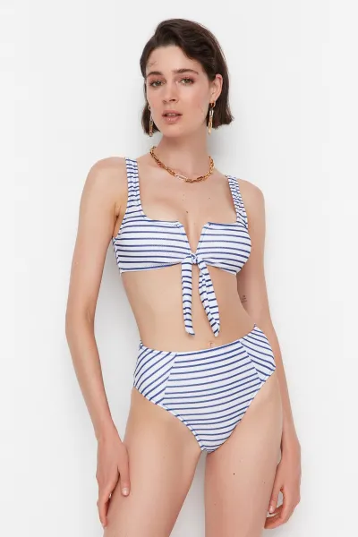 Trendyol Navy Blue Striped High Waist Bikini Bottoms