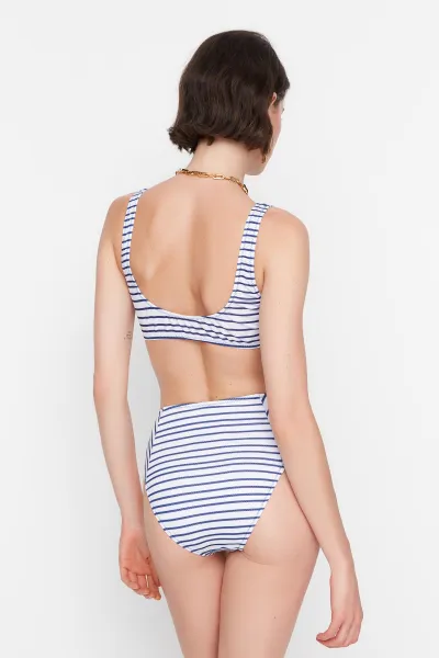 Trendyol Navy Blue Striped High Waist Bikini Bottoms
