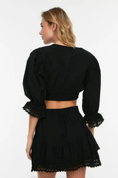 Trendyol Black Lace Detailed Ruffled Voile Beach Bottom and Top Set