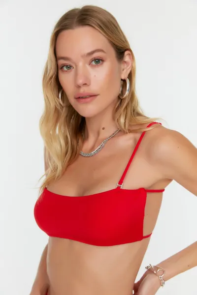 Trendyol Red Back Detail Bandeau Bikini Top