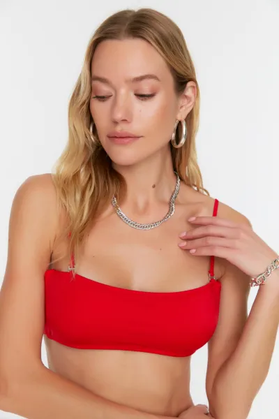 Trendyol Red Back Detail Bandeau Bikini Top