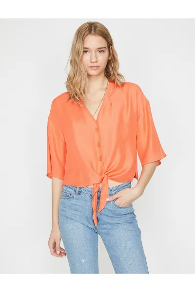 Koton Women's Red Short Sleeve V-neck Tie Waist Shirt