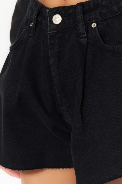 Trendyol Black Pleated High Waist Mini Denim Shorts