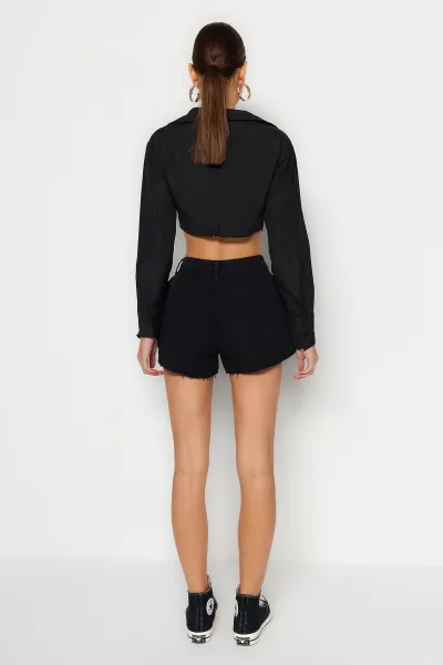 Trendyol Black Pleated High Waist Mini Denim Shorts
