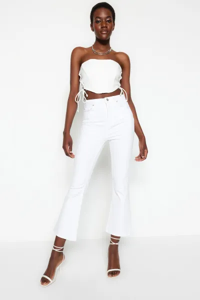 Trendyol White High Waist Crop Flare Jeans