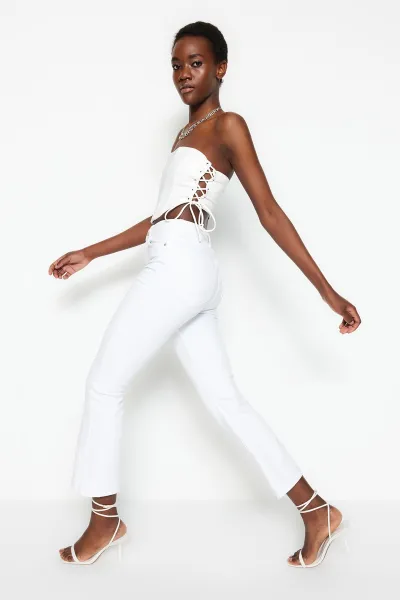 Trendyol White High Waist Crop Flare Jeans