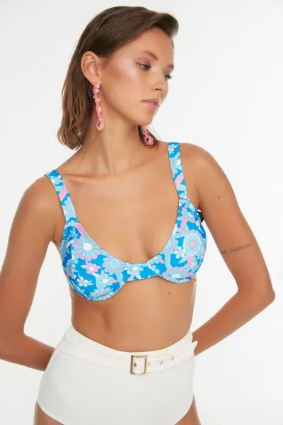 Trendyol Blue Floral Print Bikini Top