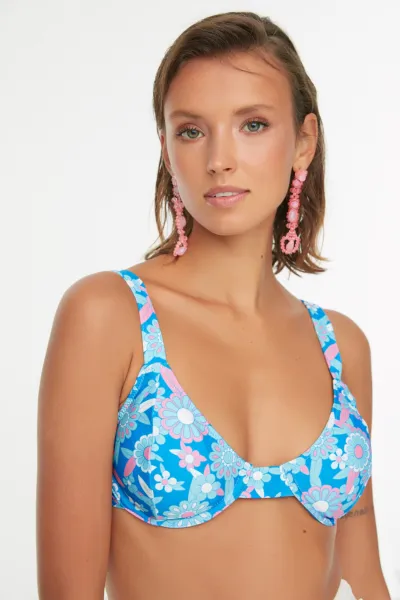 Trendyol Blue Floral Print Bikini Top