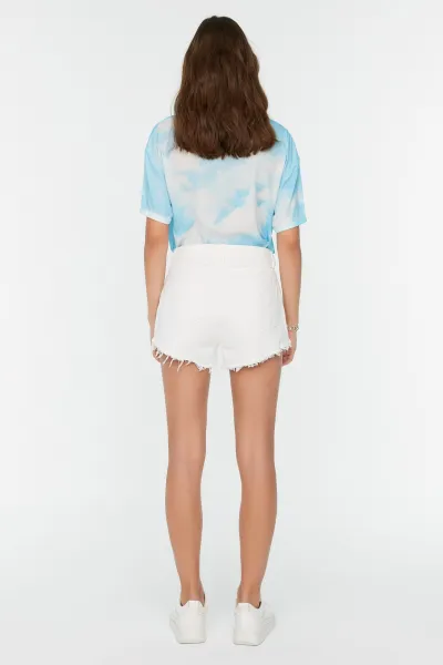 Trendyol White Denim Shorts with Tassels Tassels