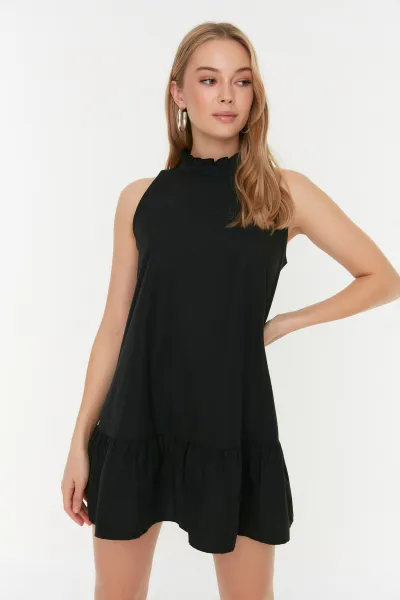 Trendyol Black Gather detailné mini pletené tkané šaty