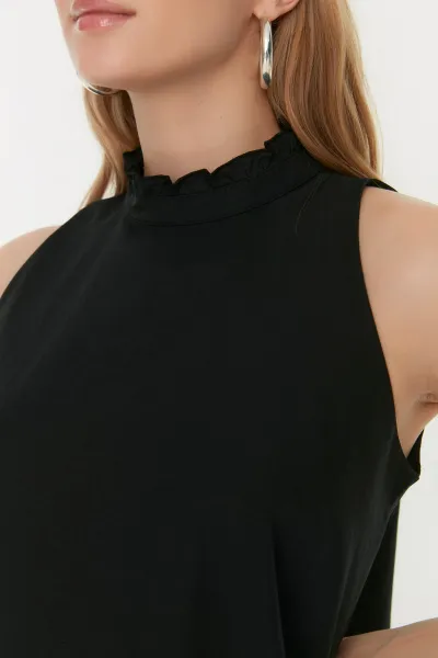 Trendyol Black Gather detailné mini pletené tkané šaty