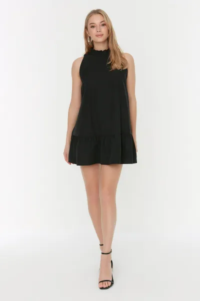 Trendyol Black Gather detailné mini pletené tkané šaty