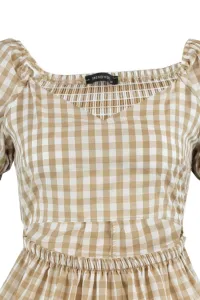 Trendyol Camel Petite kárované šaty s rozopínaním pása Super mini tkané okno / vystrihnutý detail