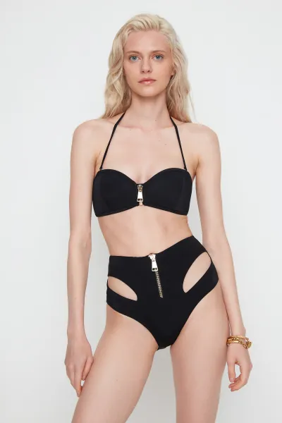 Trendyol X Moeva Black Zipper Detailed High Waist Bikini Bottom