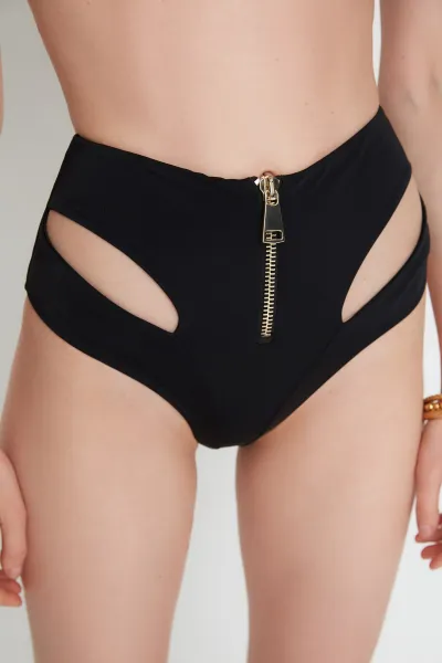 Trendyol X Moeva Black Zipper Detailed High Waist Bikini Bottom