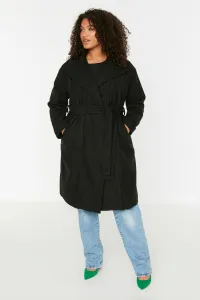Trendyol Curve Čierny pásový široký golier oversize kašmírový kabát