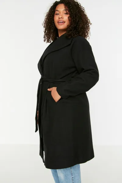 Trendyol Curve Čierny pásový široký golier oversize kašmírový kabát