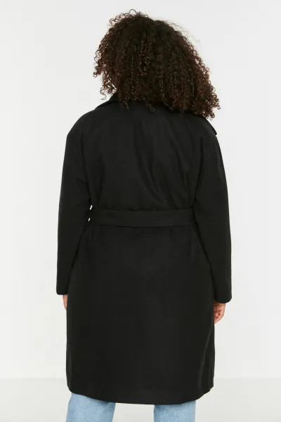 Trendyol Curve Čierny pásový široký golier oversize kašmírový kabát