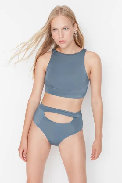 Trendyol Blue Shiny Cut Out Detailed High Waist Bikini Bottoms