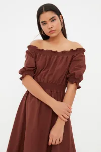 Trendyol Brown Waist Gimped Madonna Neck Midi Linen Look Woven Dress