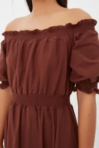 Trendyol Brown Waist Gimped Madonna Neck Midi Linen Look Woven Dress