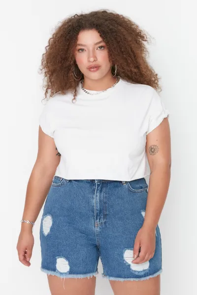 Trendyol Curve Dark Blue High Waist Destroyed Denim Shorts & Bermuda