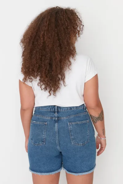 Trendyol Curve Dark Blue High Waist Destroyed Denim Shorts & Bermuda