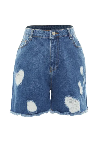 Trendyol Curve Dark Blue High Waist Destroyed Denim Shorts & Bermuda