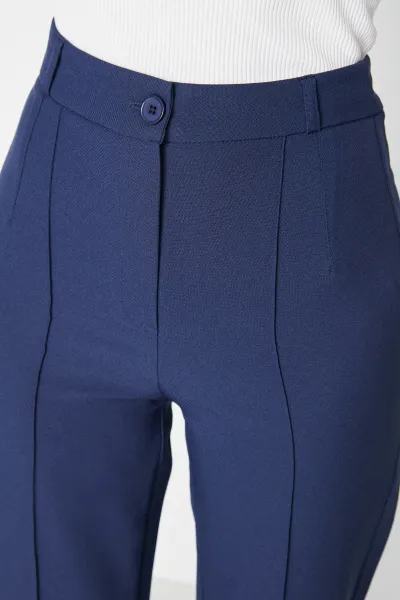 Trendyol Navy rovné/rovné nohavice s vysokým pásom rebrované prešívané nohavice