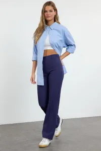 Trendyol Navy rovné/rovné nohavice s vysokým pásom rebrované prešívané nohavice