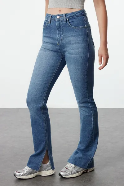 Trendyol Navy Blue Slit High Waist Flare džínsy