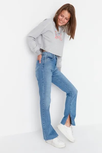 Trendyol Navy Blue Slit High Waist Flare džínsy