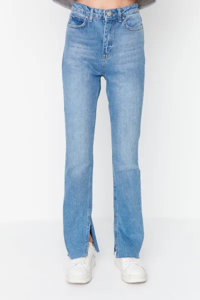 Trendyol Navy Blue Slit High Waist Flare džínsy