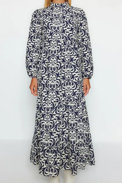 Trendyol Navy Blue vzorované polovičné labky širokého strihu bavlnené tkané šaty
