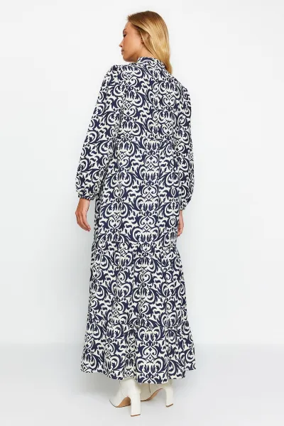 Trendyol Navy Blue vzorované polovičné labky širokého strihu bavlnené tkané šaty