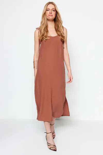 Trendyol Brown Straight Cut Slit Strappy Maxi Woven Dress