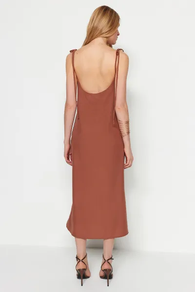 Trendyol Brown Straight Cut Slit Strappy Maxi Woven Dress
