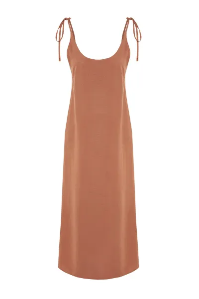 Trendyol Brown Straight Cut Slit Strappy Maxi Woven Dress