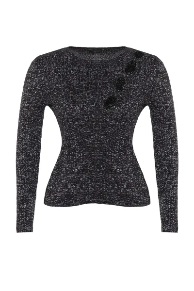 Trendyol Curve Black Glittery Crew Neck vystrihnutý detailný pletený sveter