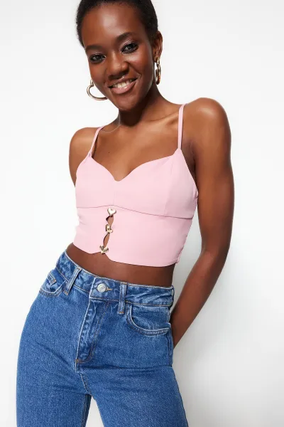 Trendyol ružový crop podšitý bustier s tkanými doplnkami