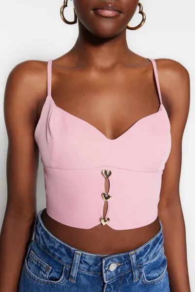 Trendyol ružový crop podšitý bustier s tkanými doplnkami