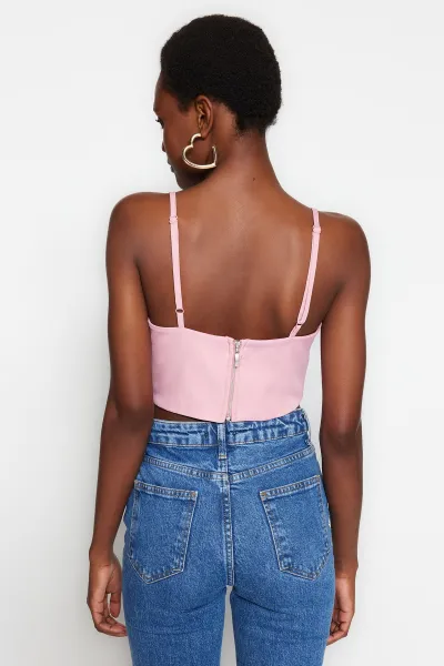 Trendyol ružový crop podšitý bustier s tkanými doplnkami
