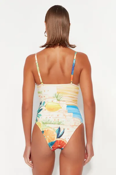 Trendyol Scenery Patterned V-Neck Regular Leg Swimsuit