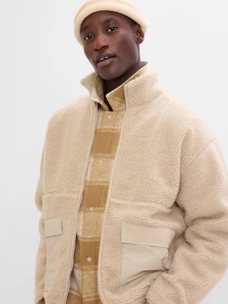 Béžová pánská bunda sherpa na zip GAP