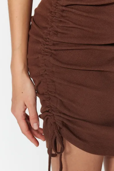 Trendyol Brown Crew Neck Fitted, Shirring Detailed Ribbed Flexible Mini Knitting Dress