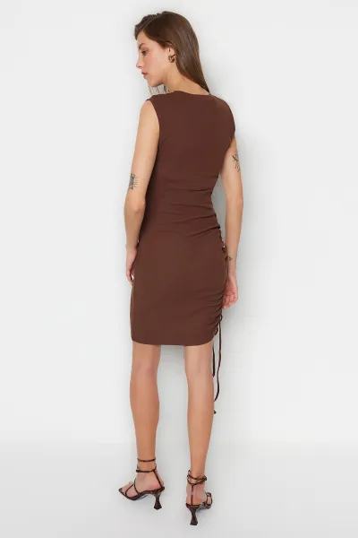 Trendyol Brown Crew Neck Fitted, Shirring Detailed Ribbed Flexible Mini Knitting Dress
