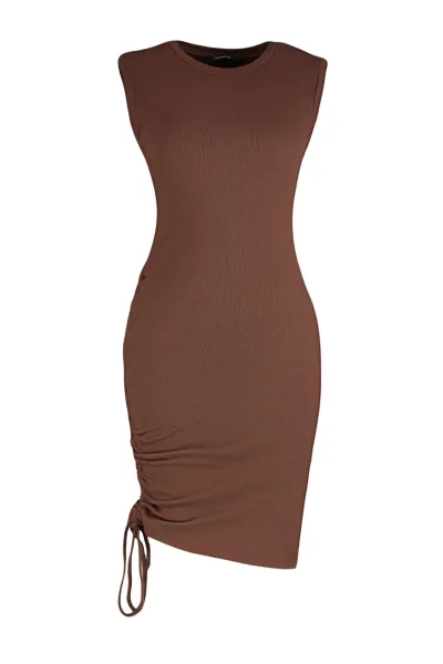 Trendyol Brown Crew Neck Fitted, Shirring Detailed Ribbed Flexible Mini Knitting Dress
