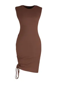 Trendyol Brown Crew Neck Fitted, Shirring Detailed Ribbed Flexible Mini Knitting Dress